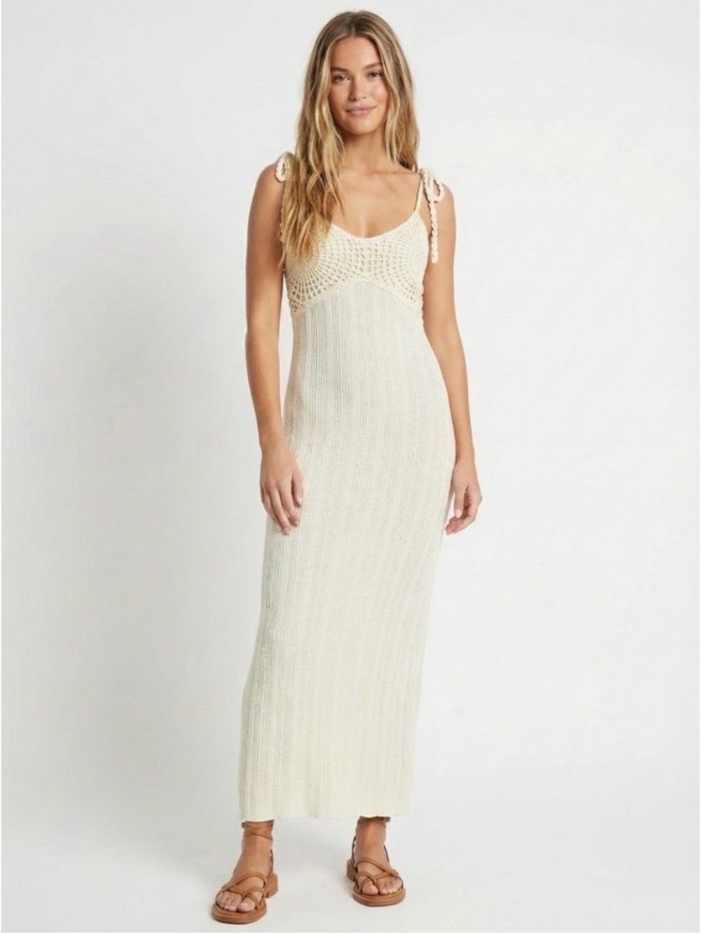 Line & Dot Crochet Knit Maxi Dress Boho Festival Summer Long Tie Strap Sz XS NWT